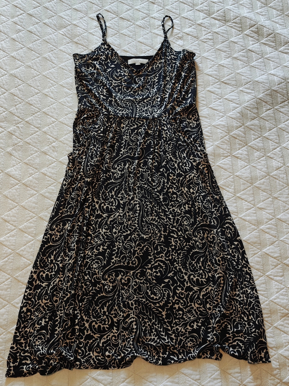 LOFT Black Midi Dress with Cream Paisley Print